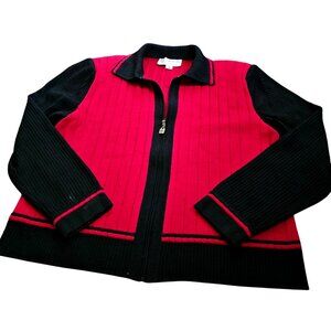 St. John Marie Gray Women's Red & Black Ribbed Zip-Up Cardigan Sweater Size L